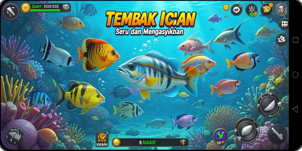 Tampilan gameplay Tembak Ikan yang menarik dan penuh warna.