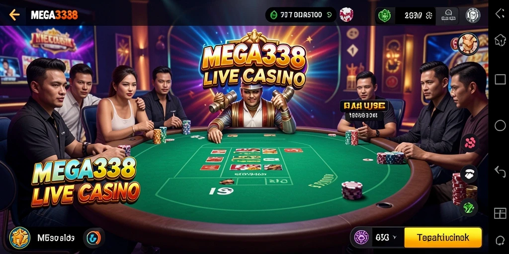 Screenshot MEGA338 menunjukkan dealer profesional dalam permainan Live Casino.